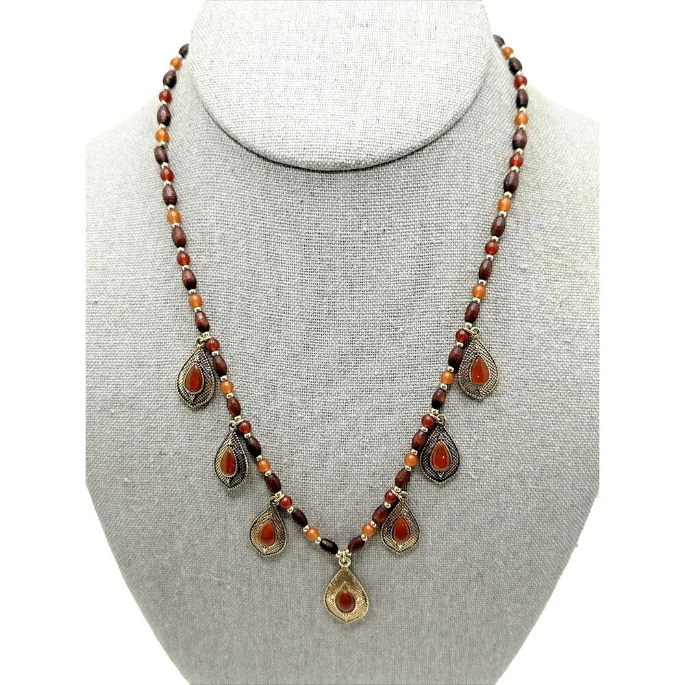 Chaps Necklace Wood Bead Earth Tone Red Dangle Statement Boho 18-20